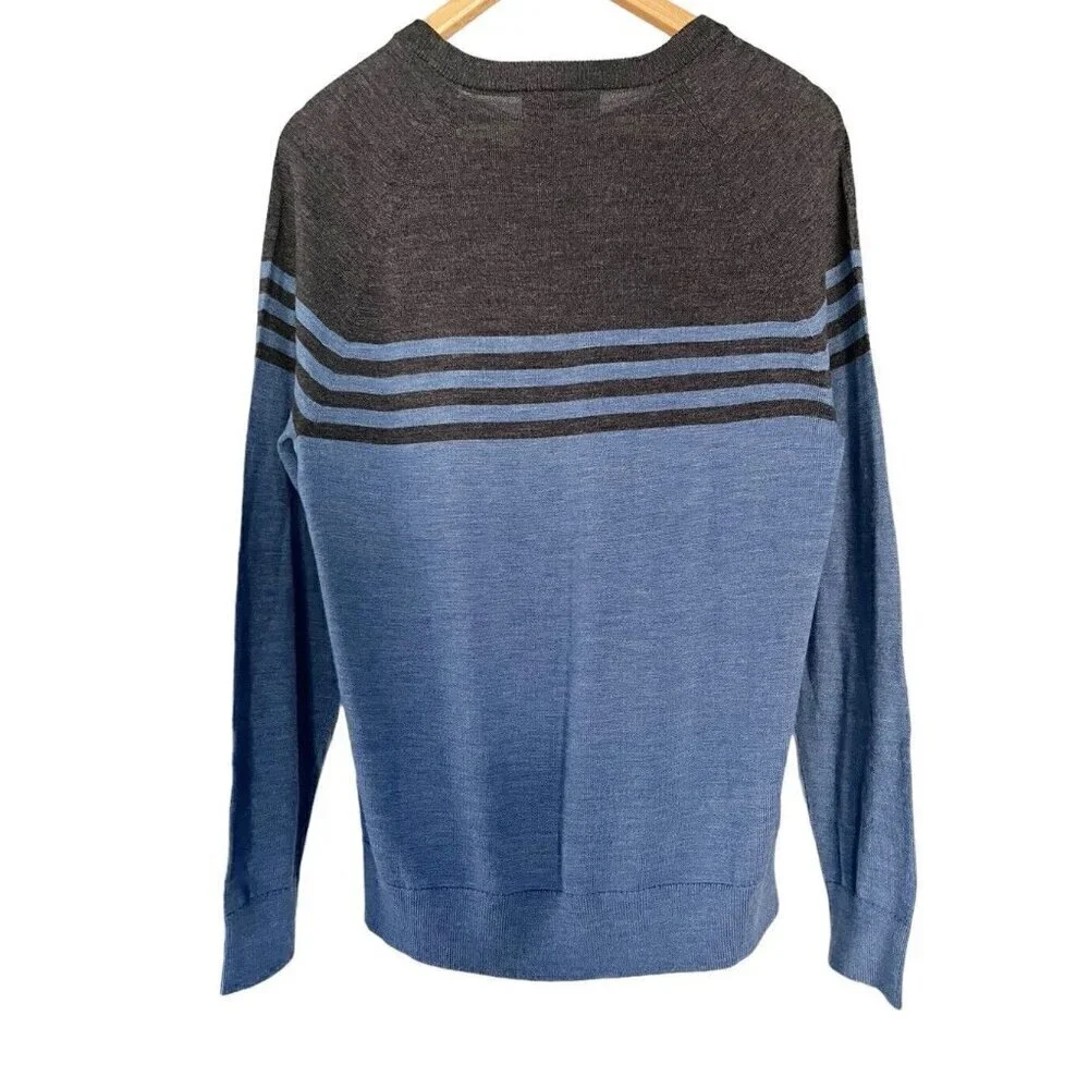 Banana Republic Men's Sz M Blue Gray Stripe 100% Merino Wool Fine Knit Sweater